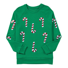 Green Christmas Candy Cane Graphic Sequins Patch Pullover Sweatshirt