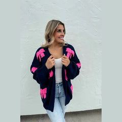 Bow Knit Cardigan - Blue with Pink Ribbons