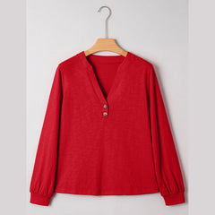 Racing Red Casual Button V Neck Long Sleeve Top