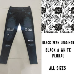 Faux Jeans with Black White accent Floral and Back Pockets