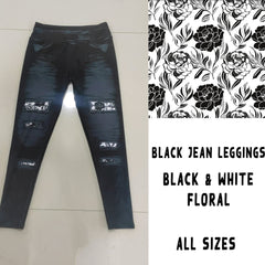 Faux Jeans with Black White accent Floral and Back Pockets