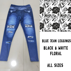 Faux Jeans with Black White accent Floral and Back Pockets