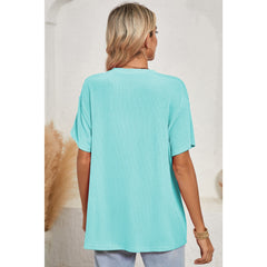 Turquoise Crinkle Rib Knit Pocketed LoS-L = OSe Fit Crew Neck T Shirt