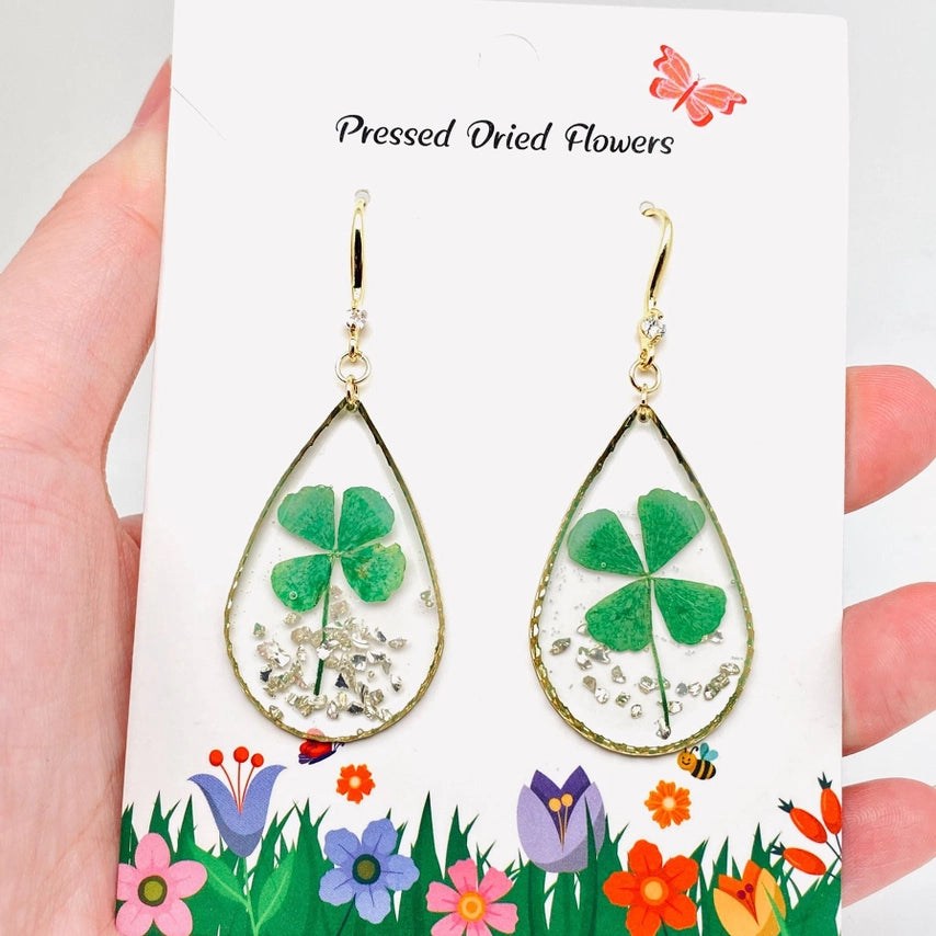 Lucky Four-Leaf Clover Dried Plant Teardrop Charm Earrings