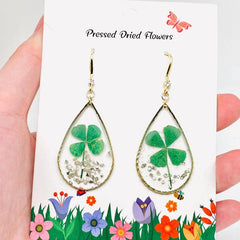 Lucky Four-Leaf Clover Dried Plant Teardrop Charm Earrings