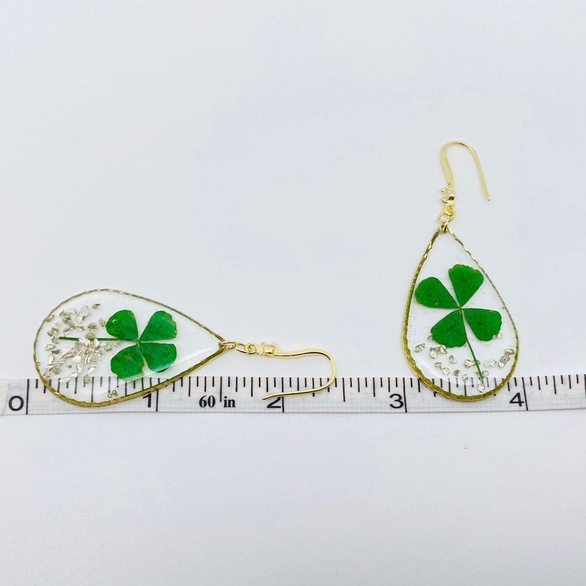 Lucky Four-Leaf Clover Dried Plant Teardrop Charm Earrings