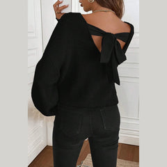 Red Dahlia Ribbed Knit Ribbon Knot Backless Drop Shoulder Sweater