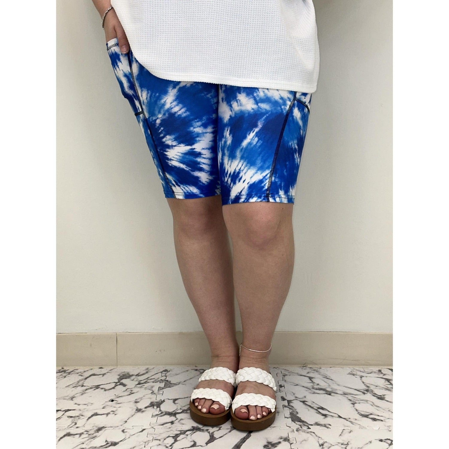 Blue Tie Dye Bike Shorts with Pockets