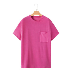 Turquoise Crinkle Rib Knit Pocketed LoS-L = OSe Fit Crew Neck T Shirt