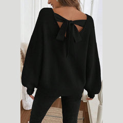 Red Dahlia Ribbed Knit Ribbon Knot Backless Drop Shoulder Sweater