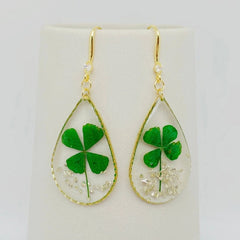 Lucky Four-Leaf Clover Dried Plant Teardrop Charm Earrings
