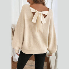 Red Dahlia Ribbed Knit Ribbon Knot Backless Drop Shoulder Sweater