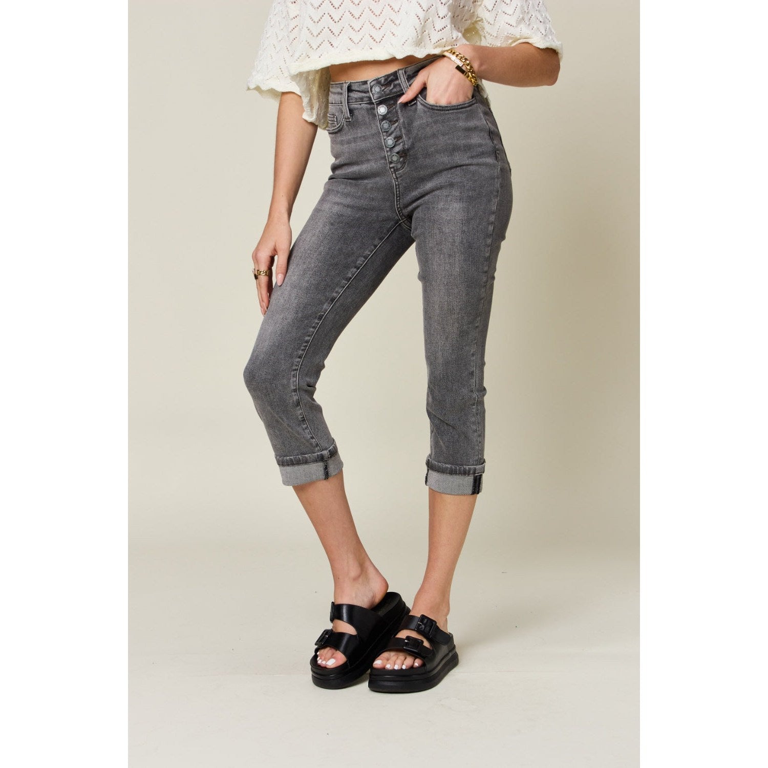 Judy Blue Full Size Button Fly High Waist Cuffed Capris