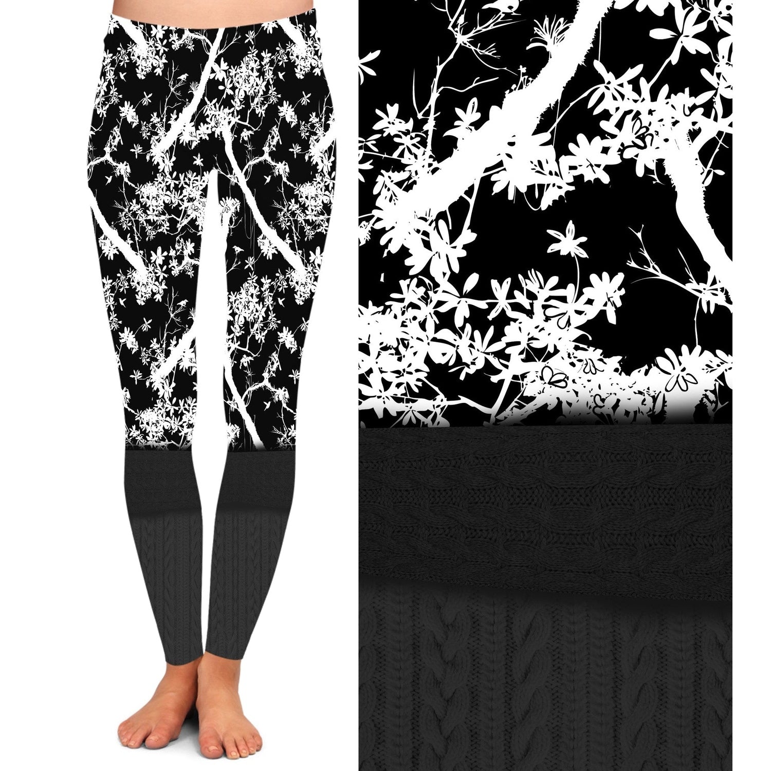 Black White Tree Faux Leg Warmers - Leggings with Pockets