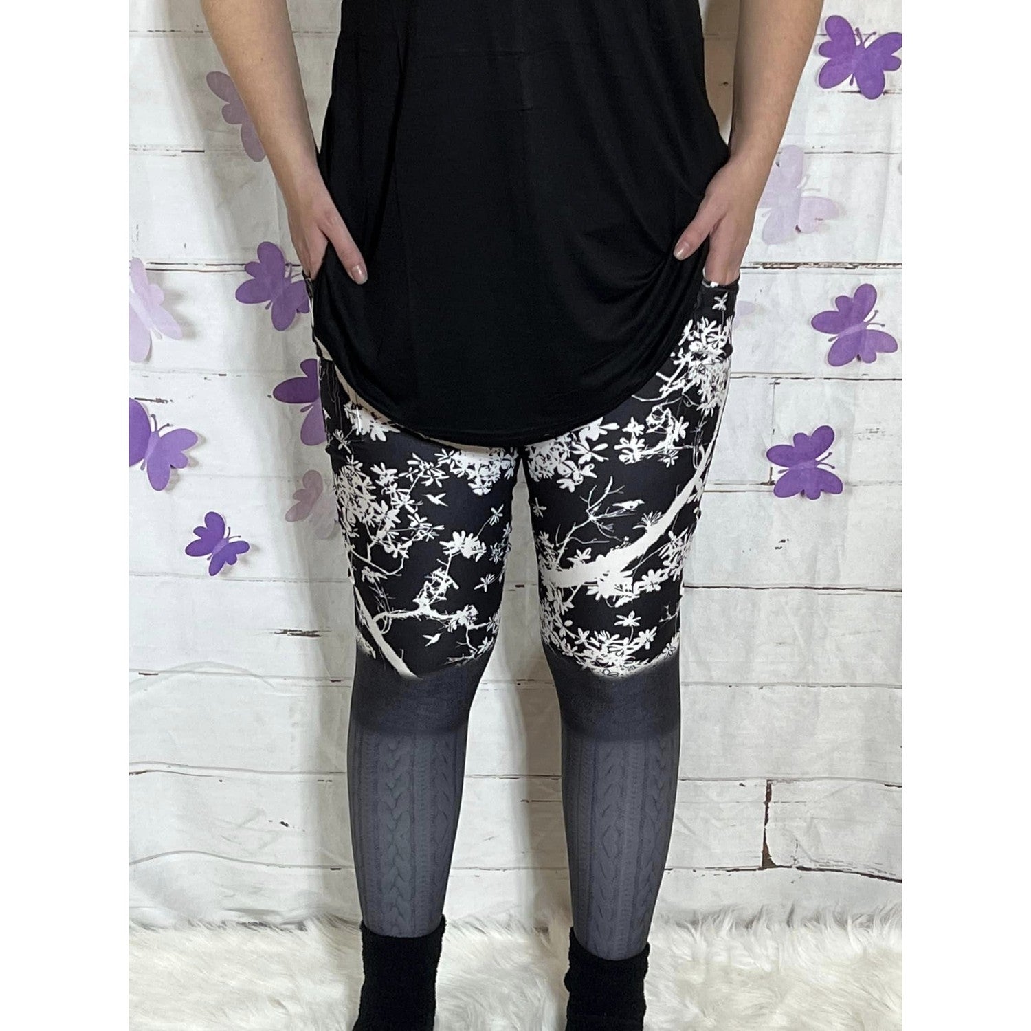 Black White Tree Faux Leg Warmers - Leggings with Pockets