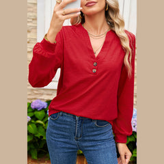 Racing Red Casual Button V Neck Long Sleeve Top