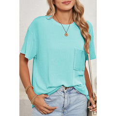 Turquoise Crinkle Rib Knit Pocketed LoS-L = OSe Fit Crew Neck T Shirt