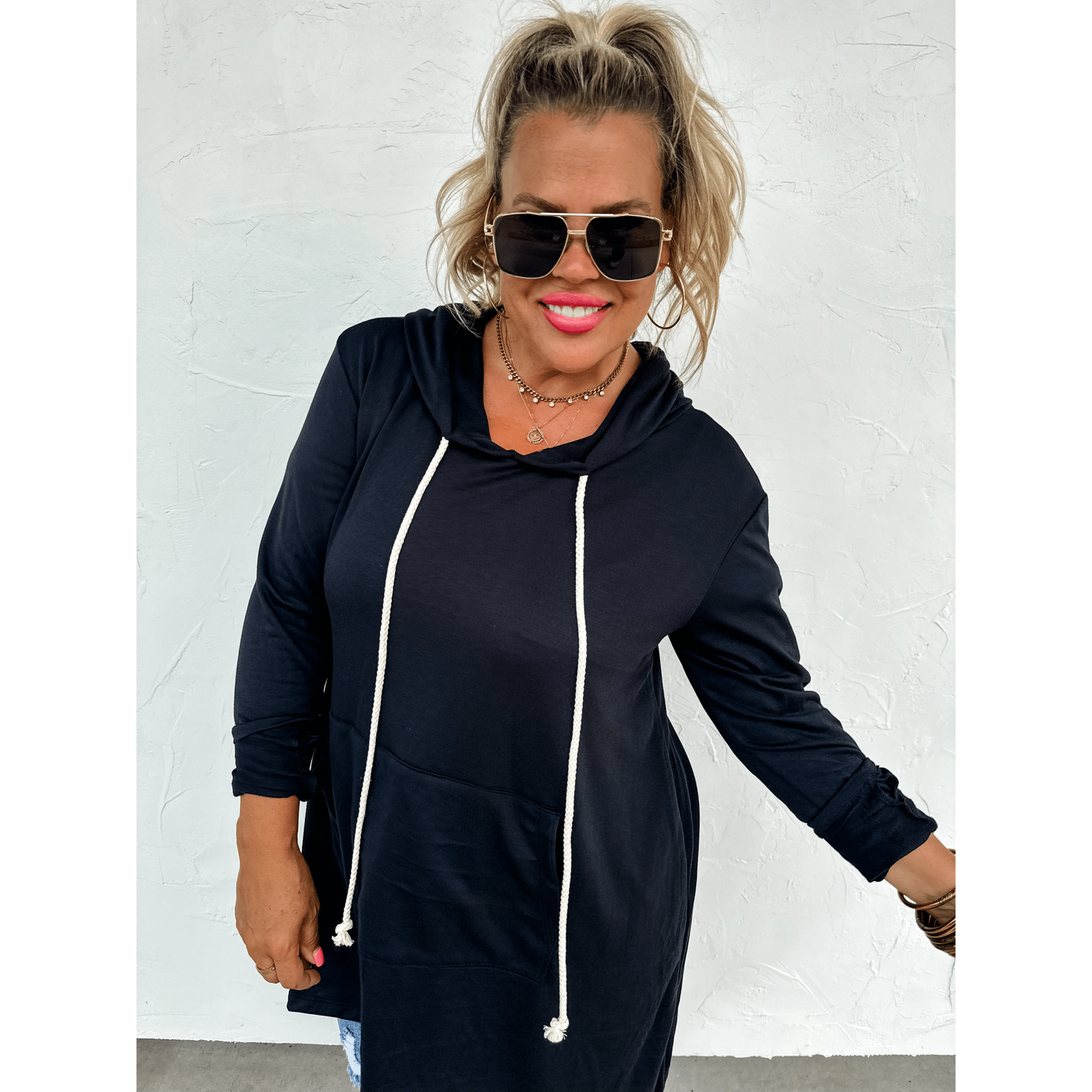 Lightweight Long Hoodie in Black