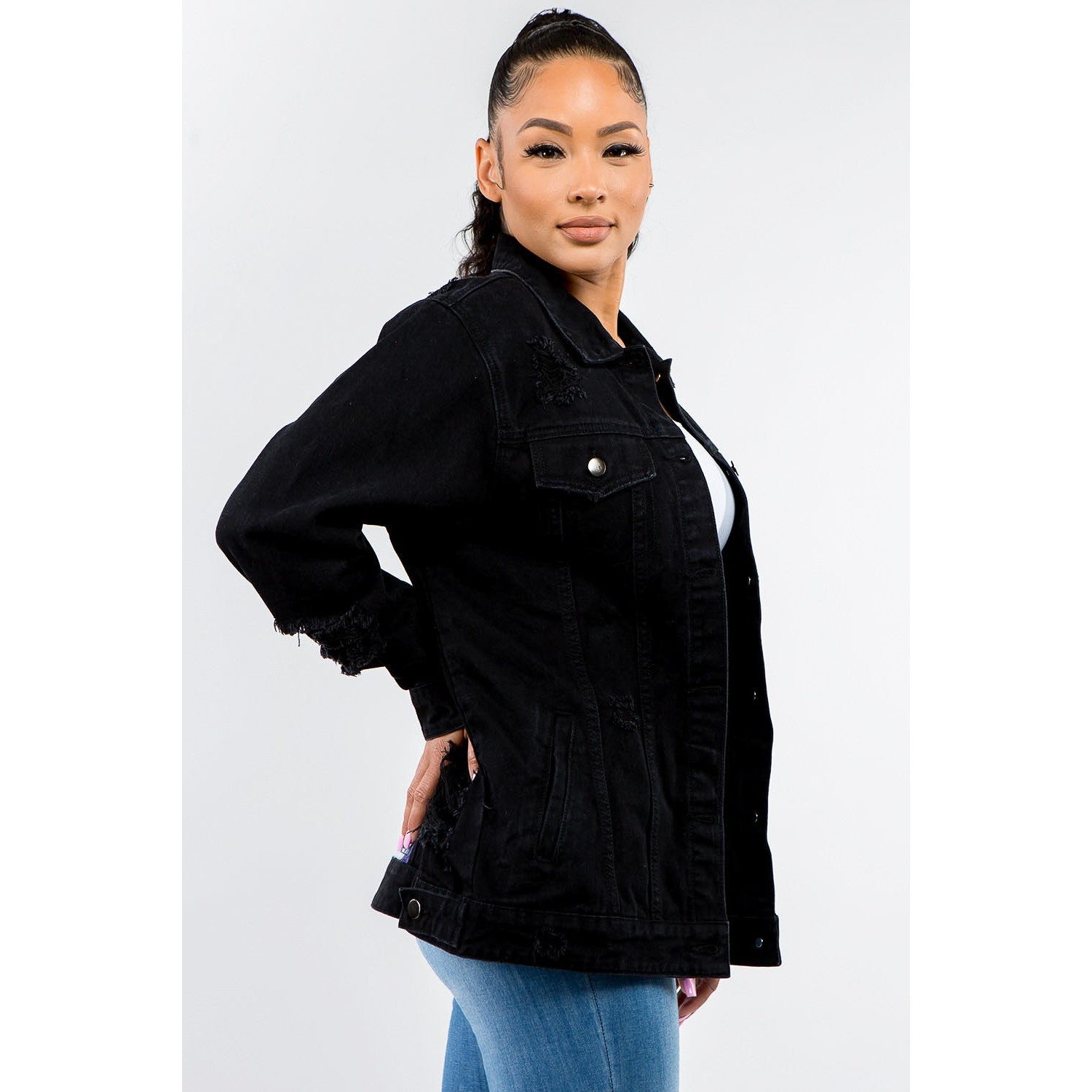 American Bazi Full Size Button Up Distressed Denim Jacket