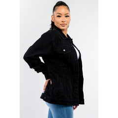 American Bazi Full Size Button Up Distressed Denim Jacket