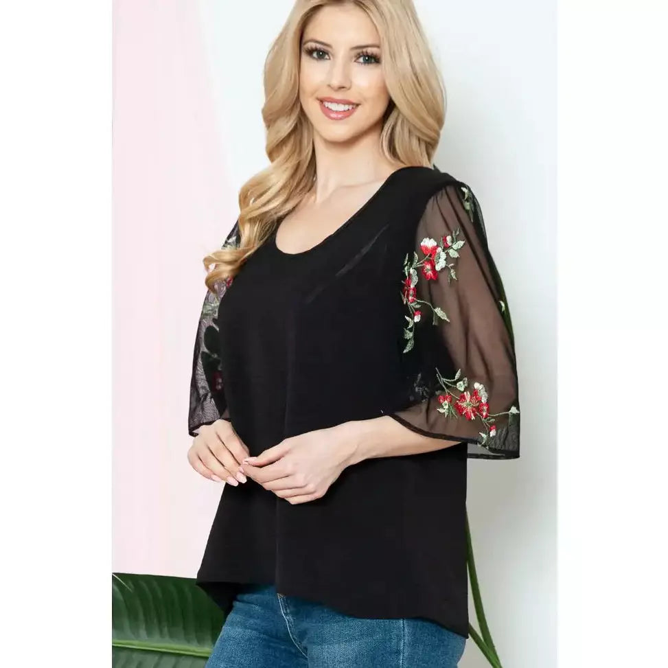 Solid Black Red Floral on Black Mesh Short Sleeve Spring Top