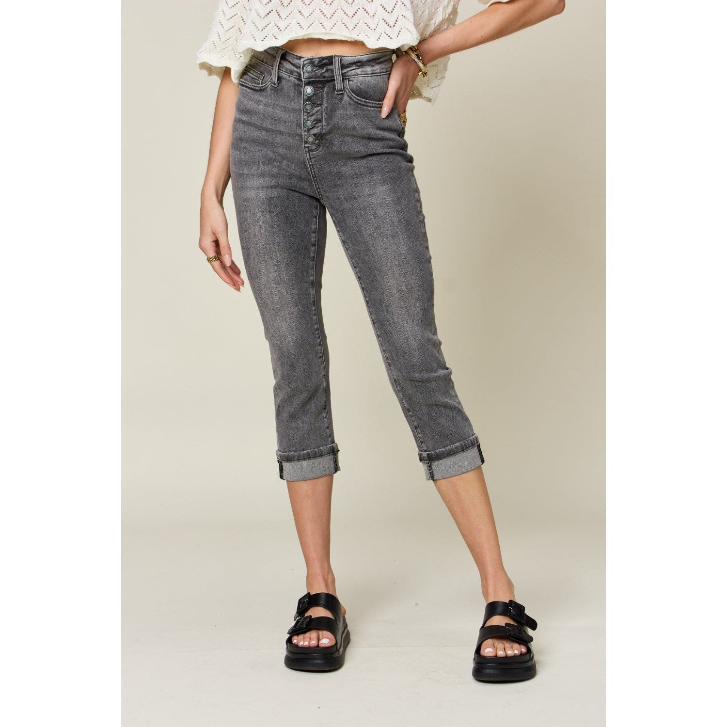 Judy Blue Full Size Button Fly High Waist Cuffed Capris