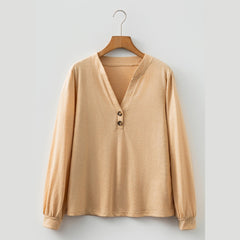 Racing Red Casual Button V Neck Long Sleeve Top