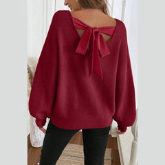 Red Dahlia Ribbed Knit Ribbon Knot Backless Drop Shoulder Sweater