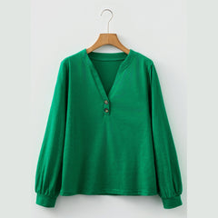 Racing Red Casual Button V Neck Long Sleeve Top