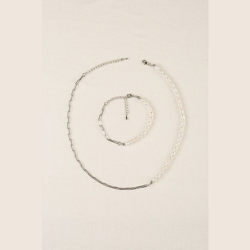 Natural pearl chain bracelet, necklace set - silver