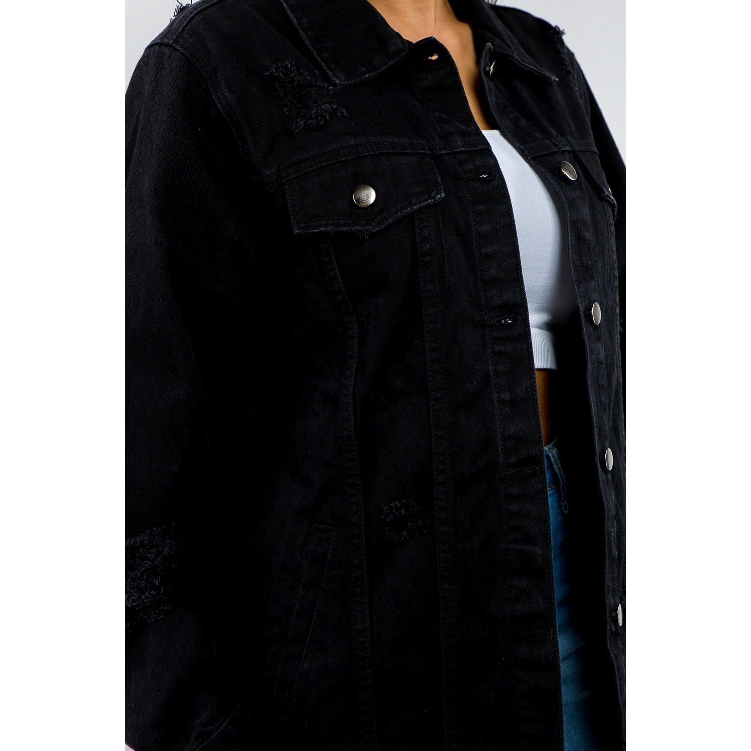 American Bazi Full Size Button Up Distressed Denim Jacket