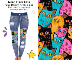 Neon Fiber Cats Faux Denim Peek-a-Boo Leggings