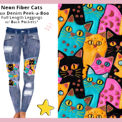 Neon Fiber Cats Faux Denim Peek-a-Boo Leggings