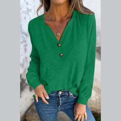 Racing Red Casual Button V Neck Long Sleeve Top