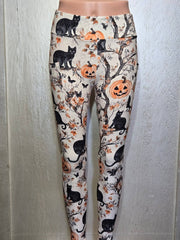 Vintage Black Cat & Pumpkin Halloween Leggings with Pockets