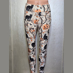 Vintage Black Cat & Pumpkin Halloween Leggings with Pockets