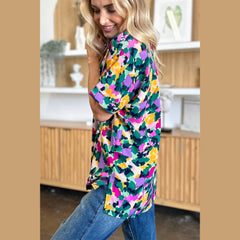 Double Take Full Size Printed V-Neck Short Sleeve Blouse