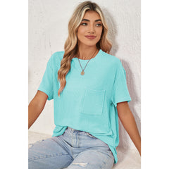 Turquoise Crinkle Rib Knit Pocketed LoS-L = OSe Fit Crew Neck T Shirt