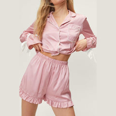 Basic Bae Tied Cuff Collared Neck Top and Frill Shorts Lounge Set