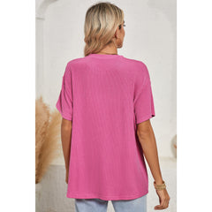 Turquoise Crinkle Rib Knit Pocketed LoS-L = OSe Fit Crew Neck T Shirt