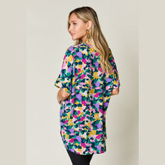 Double Take Full Size Printed V-Neck Short Sleeve Blouse