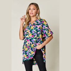 Double Take Full Size Printed V-Neck Short Sleeve Blouse