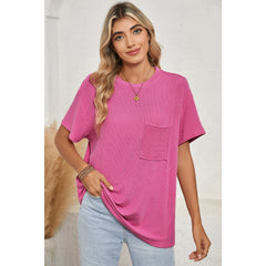 Turquoise Crinkle Rib Knit Pocketed LoS-L = OSe Fit Crew Neck T Shirt