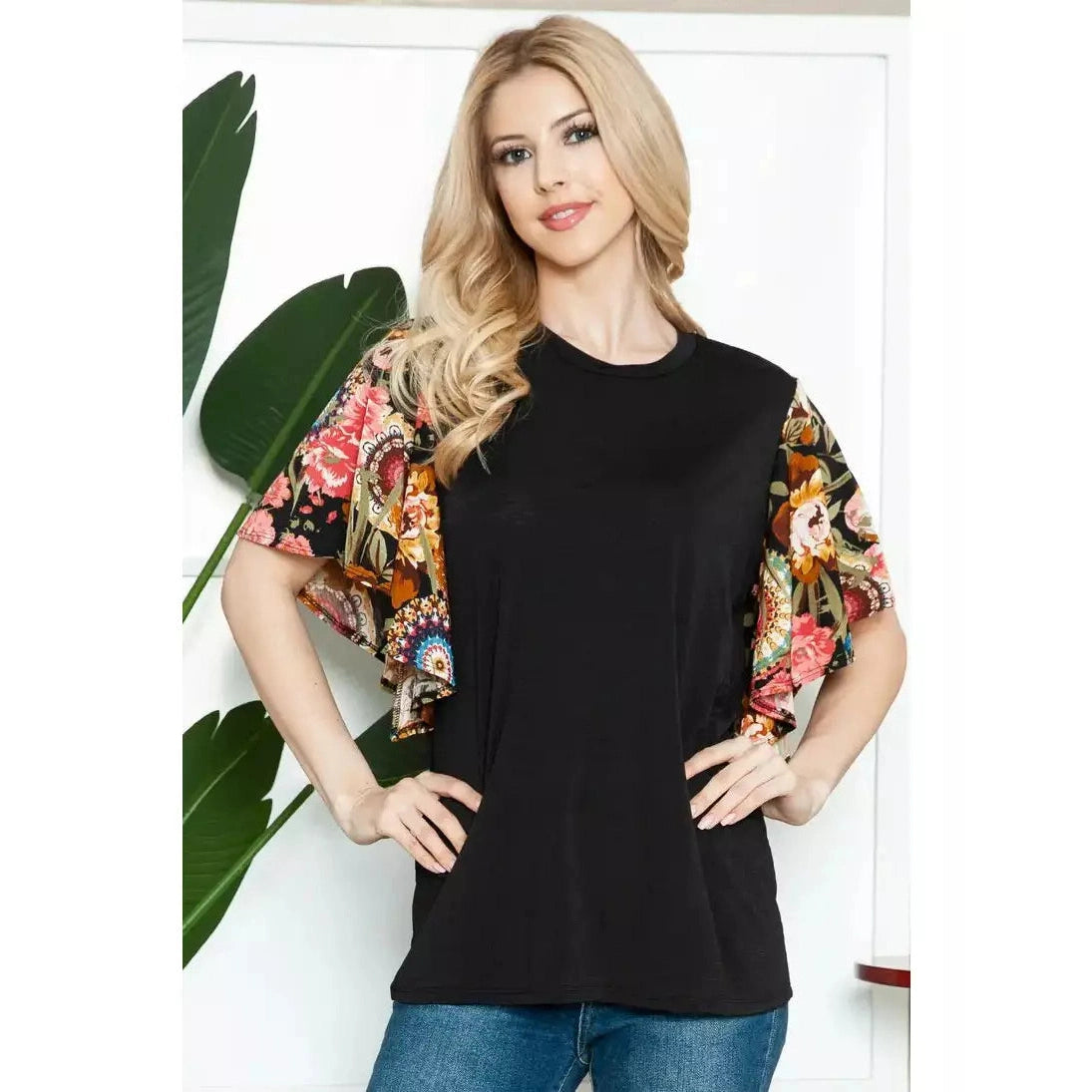 Solid Black Floral on Black Short Sleeve Spring Top