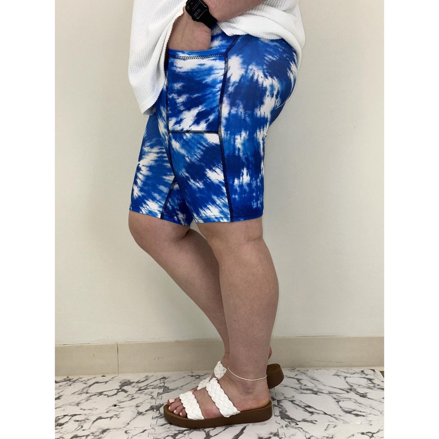 Blue Tie Dye Bike Shorts with Pockets