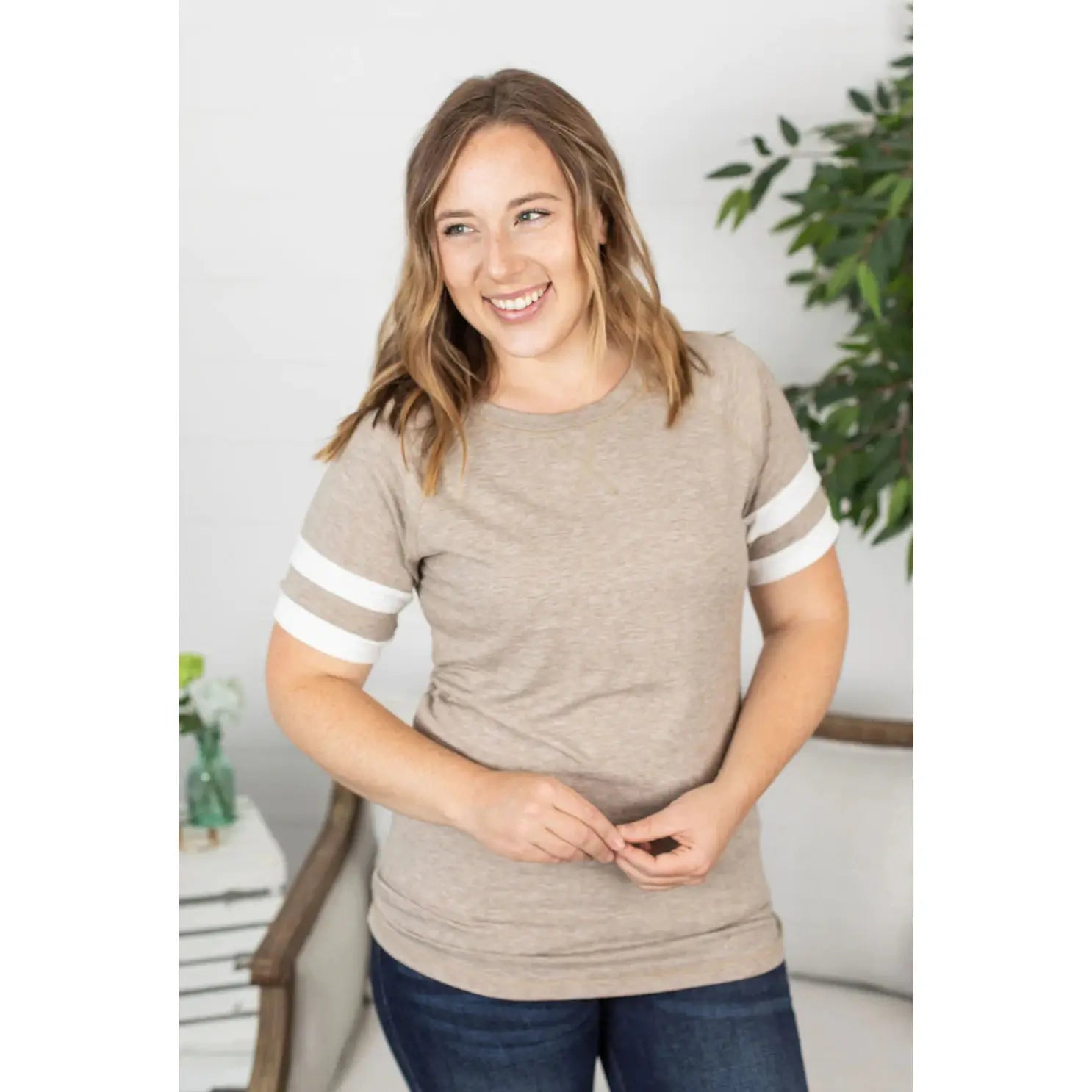 Sports Tee Tan with White Stripes on Sleeves