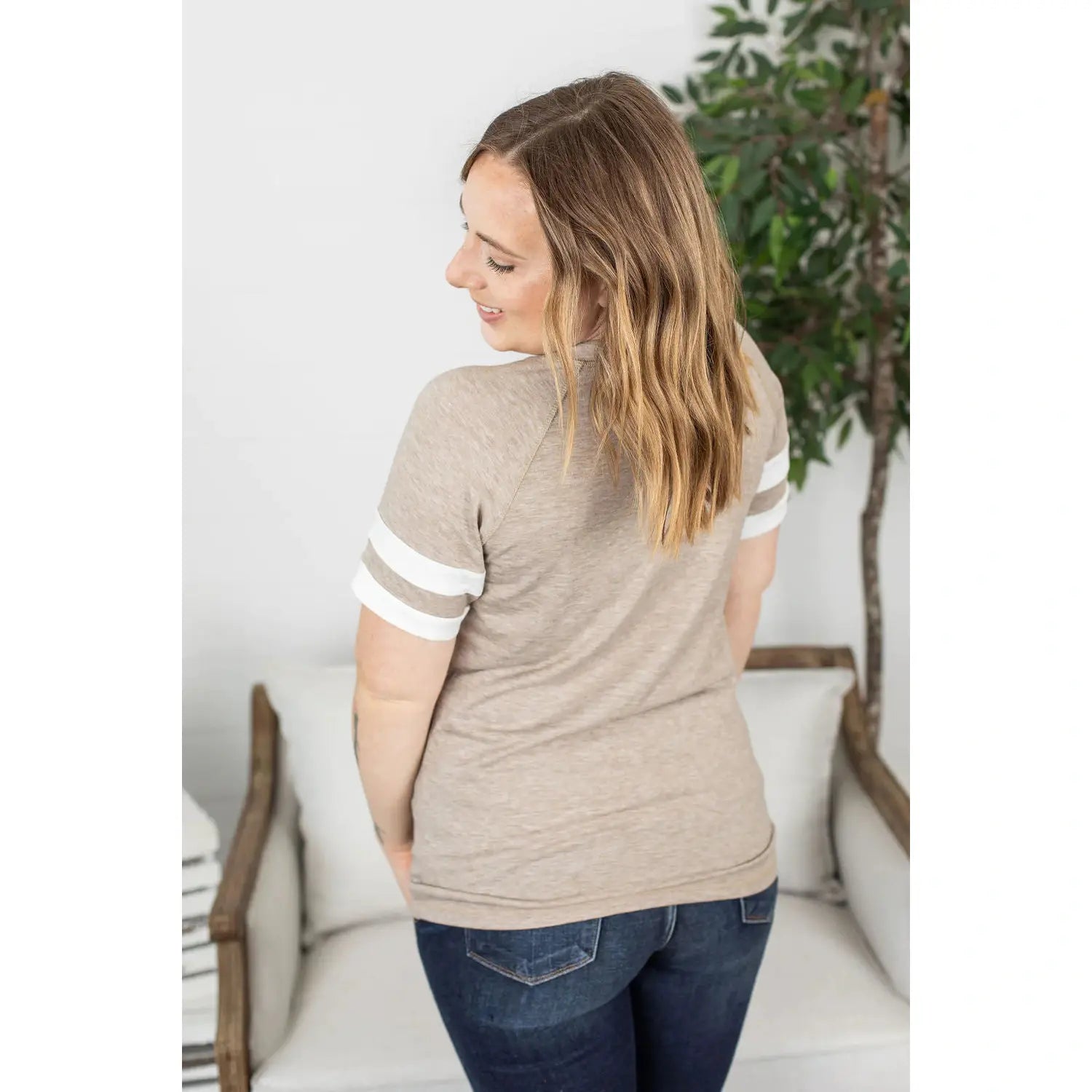 Sports Tee Tan with White Stripes on Sleeves