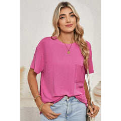 Turquoise Crinkle Rib Knit Pocketed LoS-L = OSe Fit Crew Neck T Shirt