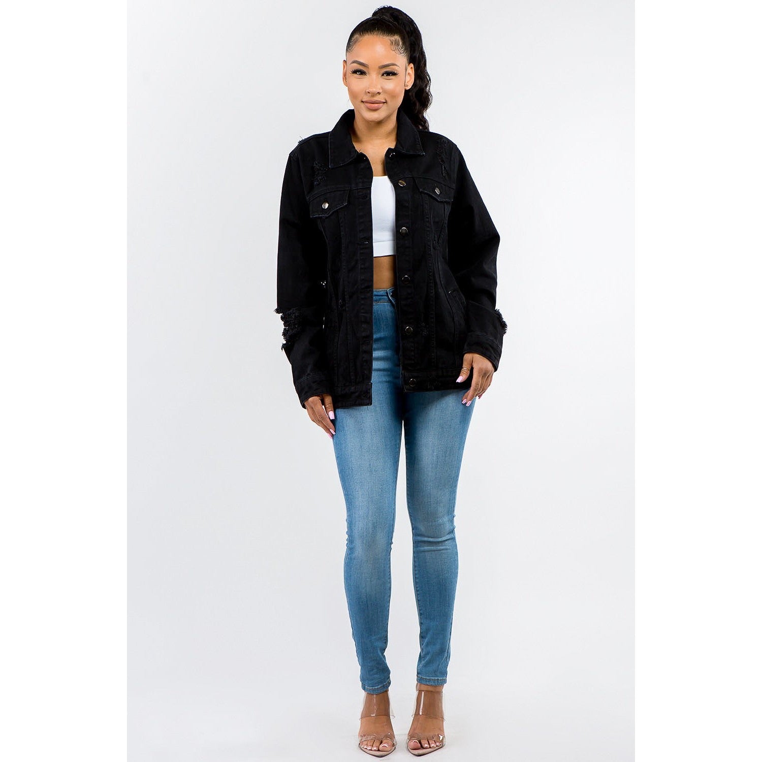 American Bazi Full Size Button Up Distressed Denim Jacket