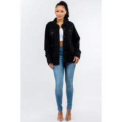 American Bazi Full Size Button Up Distressed Denim Jacket